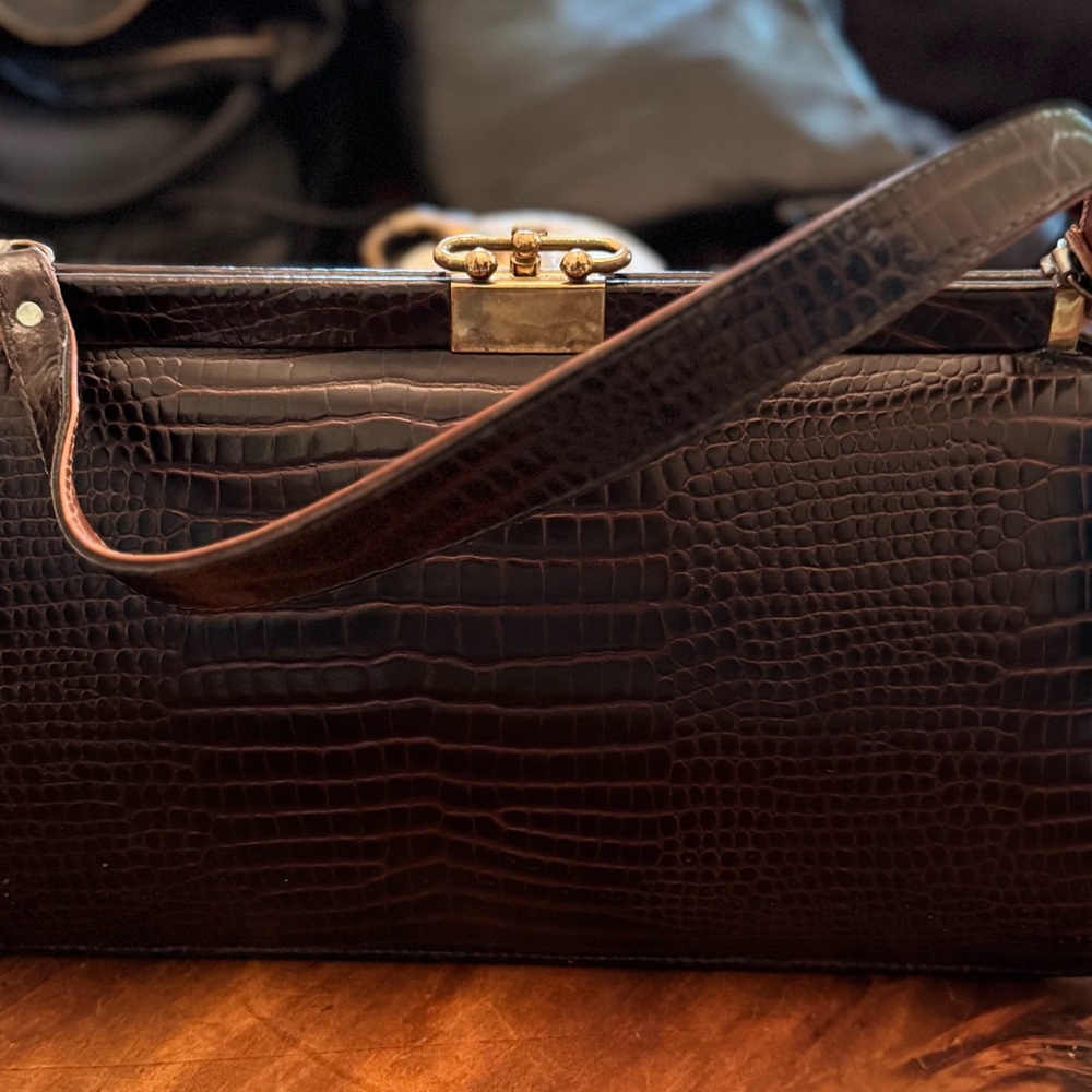 Vintage-Inspired Brown Structured Satchel with Gold Hardware